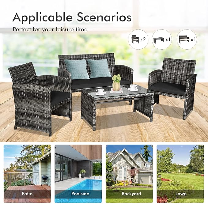 Goplus 4-Piece Rattan Patio Furniture Set, Outdoor Wicker Conversation Sofa