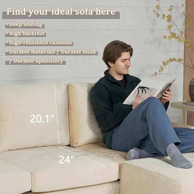 EASE MOOSE Large Seat Velvet L-Shaped Sofa, Soft 4 Seat Couch