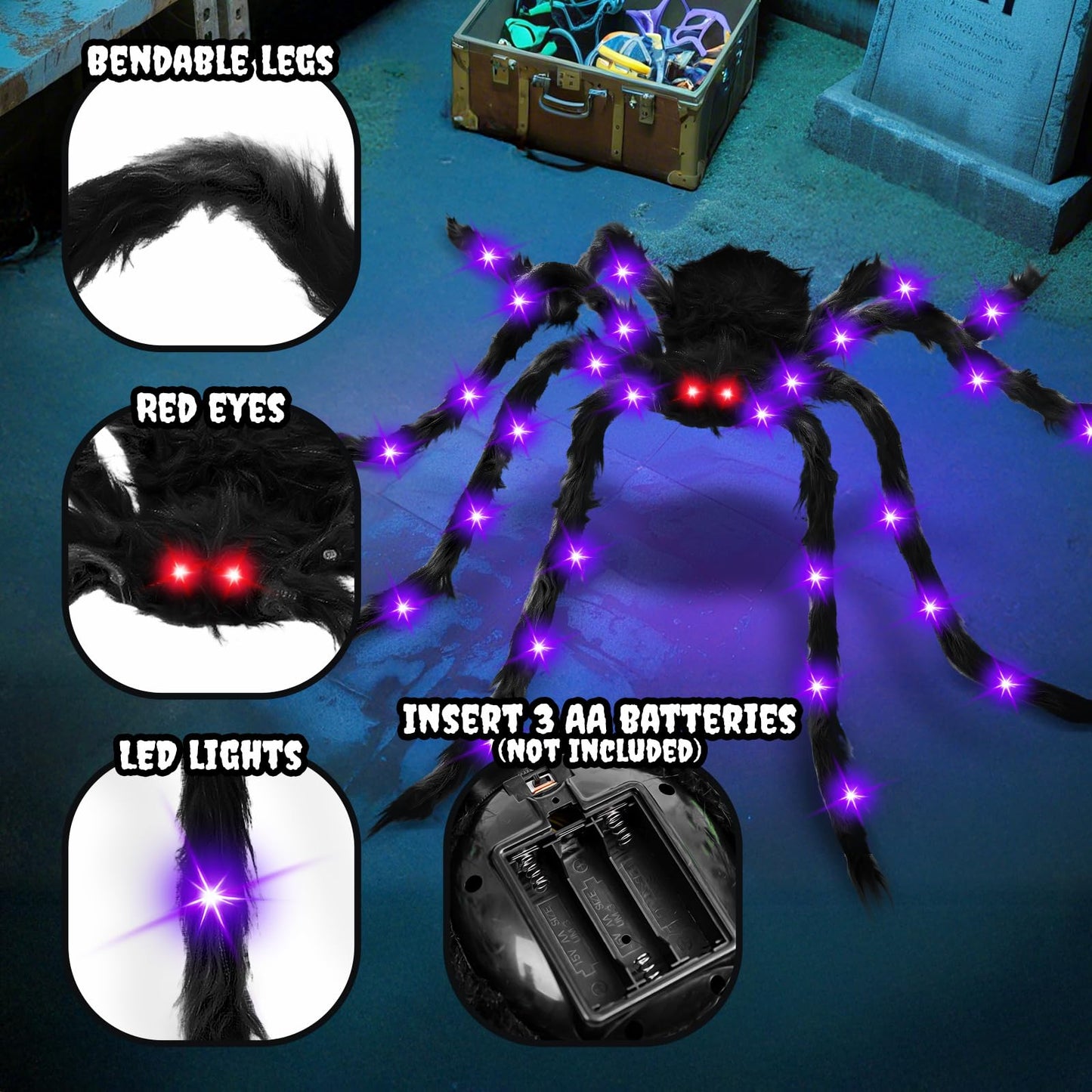 6.6 FT Giant Spider Halloween Decorations Light Up Scary Spider with Red LED Eyes Purple Lights for Yard Lawn Garden Porch Halloween Party Haunted House Indoor Outdoor Decor