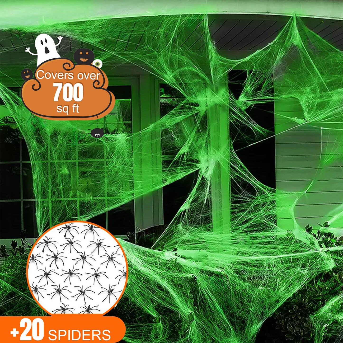 Joyhalo Glow in The Dark Spider Web Decoration, 700 sqft Halloween Web with 20 Spiders, Super Stretch Fake Cobwebs for Creepy Home & Party Indoor/Outdoor Decor