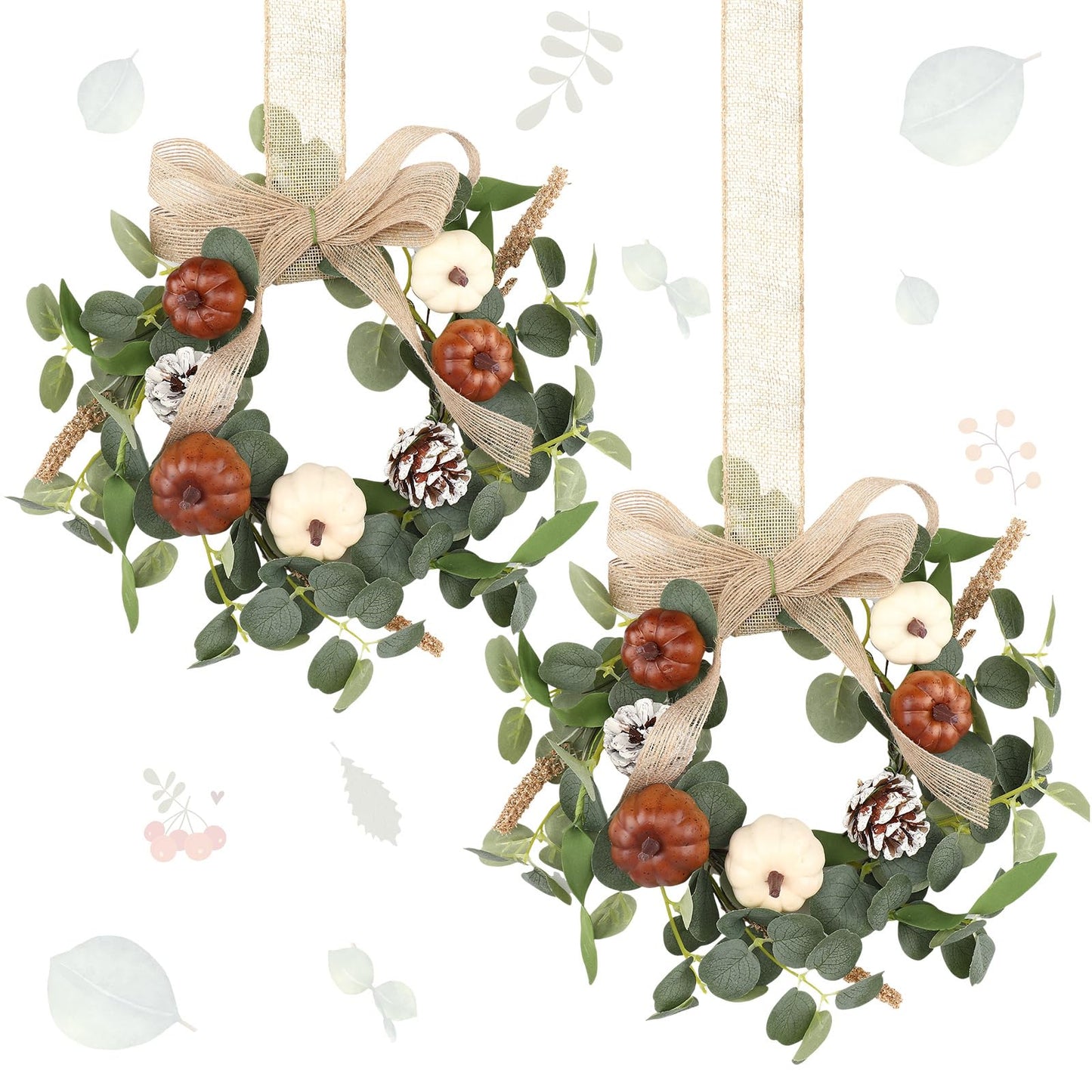 Syhood 2 Pcs 9" Mini Fall Wreath Small Pumpkin Cabinet Wreath Autumn Eucalyptus Decor with Rustic Bow for Fall Harvest Thanksgiving Porch Wall Window Decor(Eucalyptus Pumpkin Style)