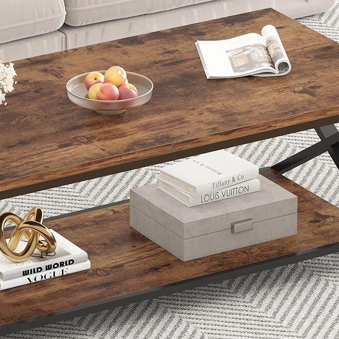 HSH Wood Coffee Table with Storage, Farmhouse Rustic Brown Coffee Table