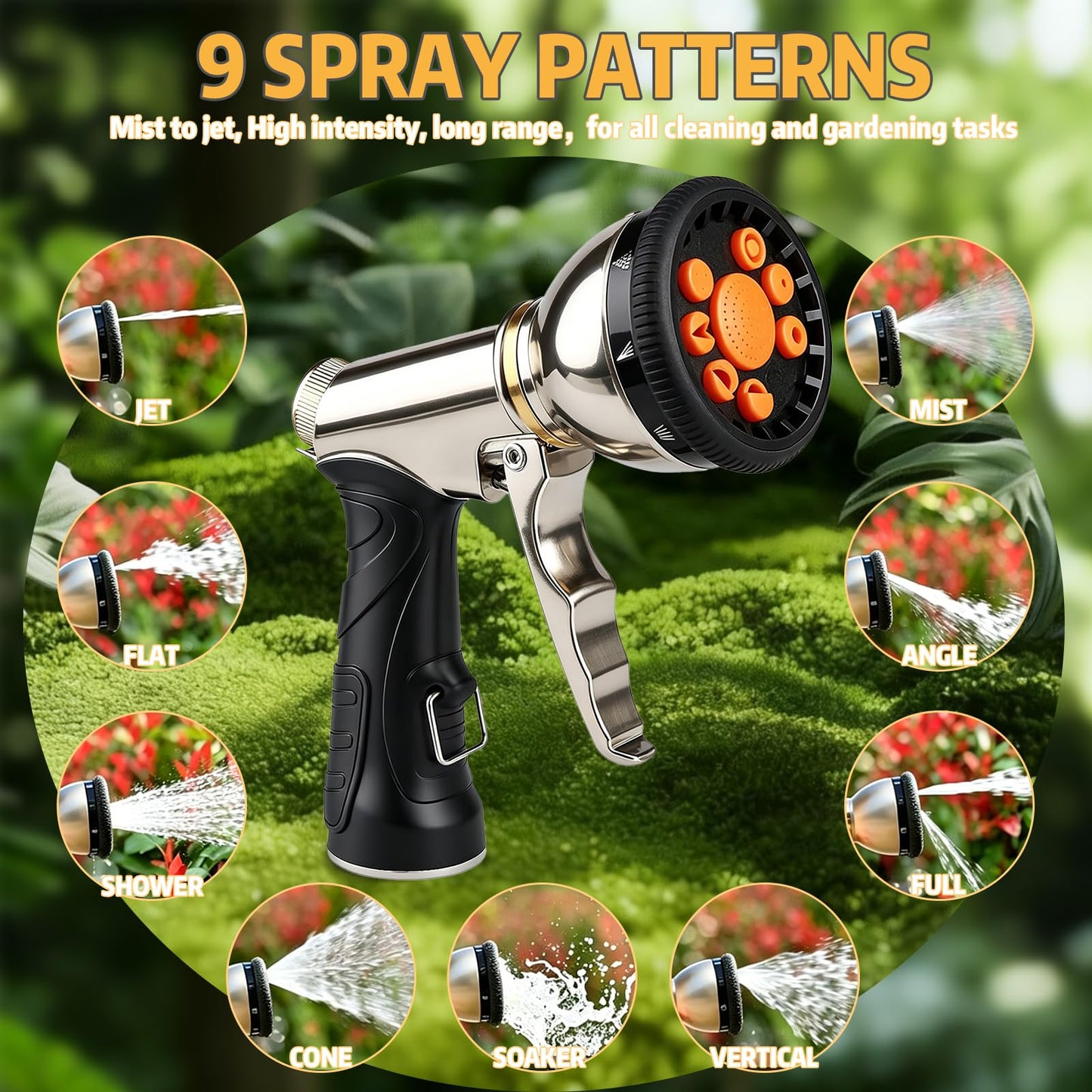 Livoanah Garden Hose Nozzle Heavy Duty, High Pressure Hose Sprayer with 9 Spray Patterns, Metal Water Hose Nozzle Leakproof for Car Washing, Lawn Care, Plant Watering, Patio Cleaning & Pets (orange)