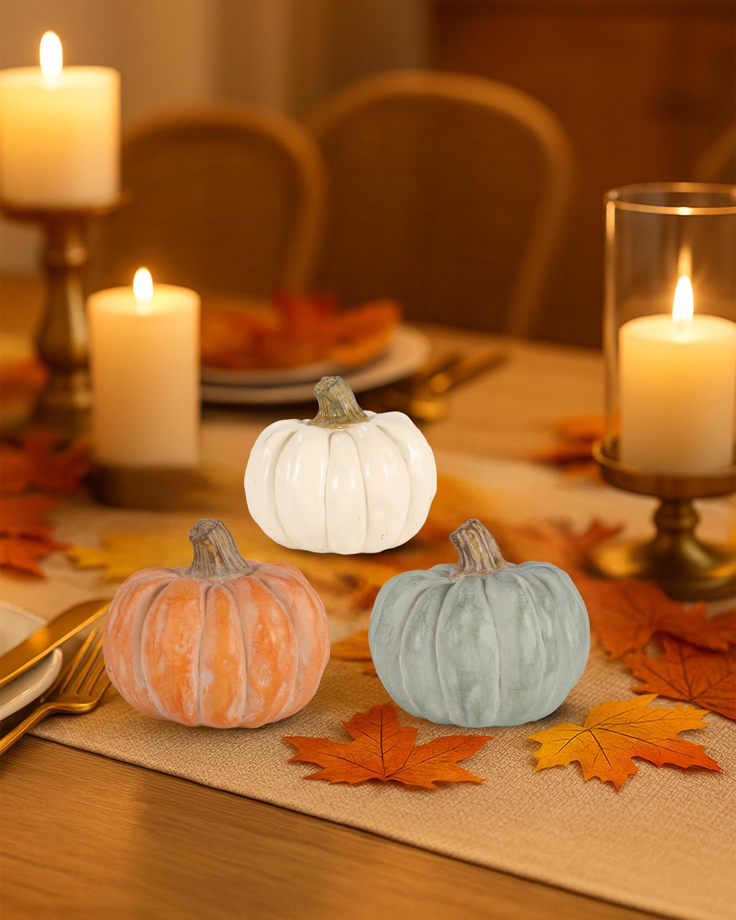 GoGnome Set of 3 Decorative Pumpkins – Resin Fall Harvest Décor in White, Sage Green & Orange, Rustic Autumn Table Centerpiece for Thanksgiving Farmhouse Home Decoration (White)