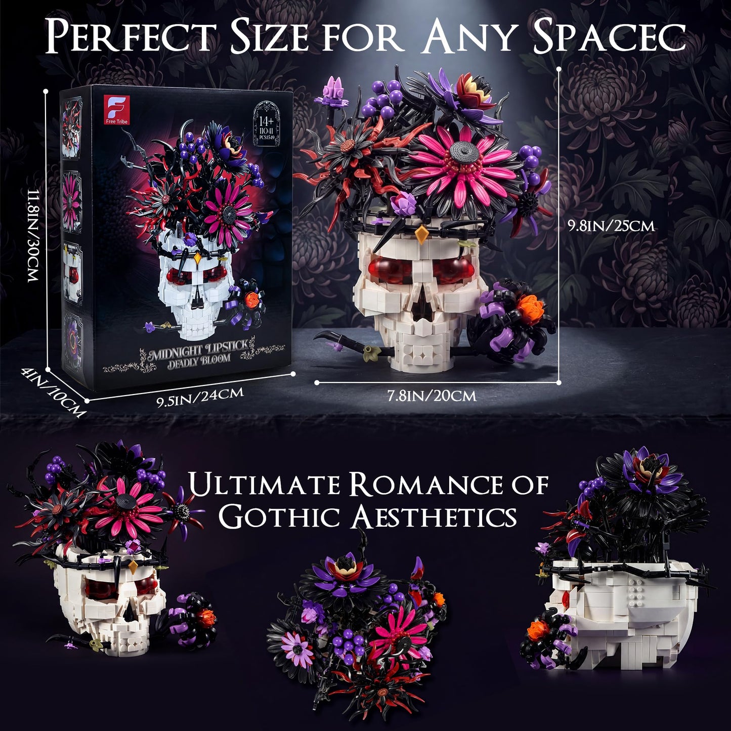 Skull Flower Bouquet Building Set, Wildflower Botanical Collection Kit for Adult Women, Horror Gothic Skeleton Decor for Goth Home Table Art Decor, Girlfriend/Mom/Wife/Couple Halloween Birthday Gift