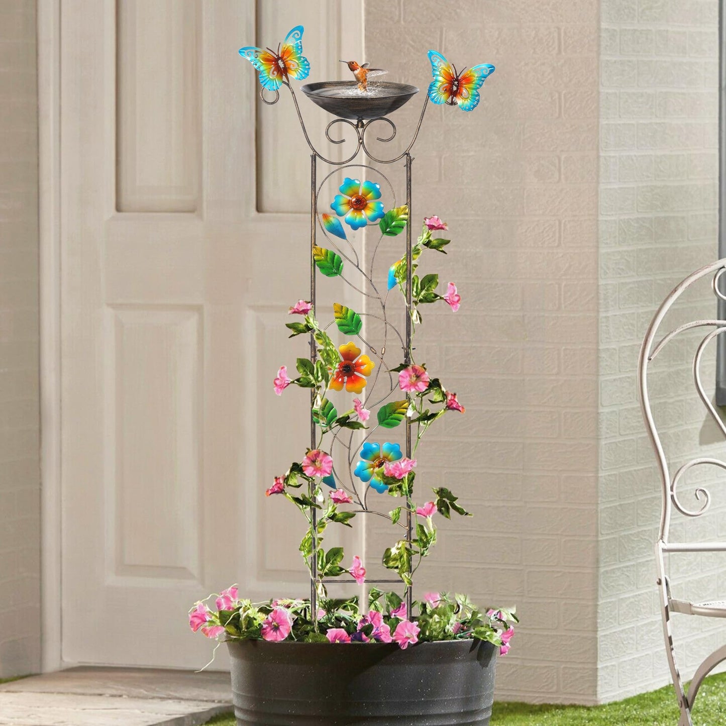 Garden Trellis Bird Bath Outdoor, 43.5 Inch Antique Iron Garden Plant Trellis Decorative with Floral-Butterflies and Detachable Drinking Basin Bowl, Free Standing BirdBath Birdfeeder Station