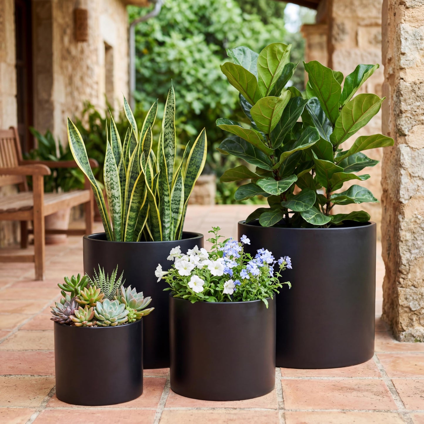 FaithLand 14 Inch Fiberstone Planter - Lightweight Modern Cylinder Plant Pot with Drainage Hole & Plug, Indoor Outdoor Use, Matte Black