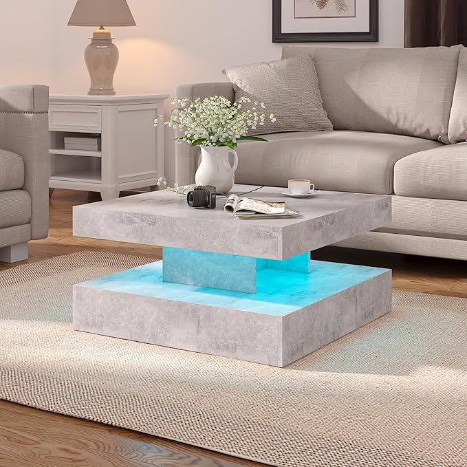 HedoAjim Grey LED Coffee Table for Living Room, Living Room Table 2-Tier Square
