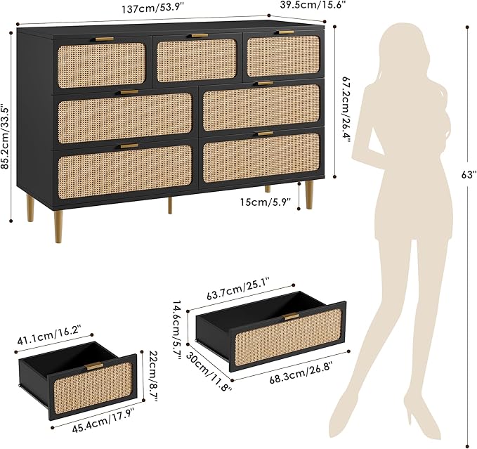 GarveeHome Rattan 7 Drawer Dressers