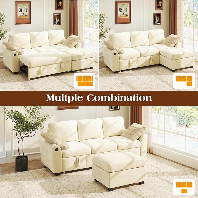 Ihanherry Modular Convertible Sectional Sofa Bed, Reversible Chaise & Storage