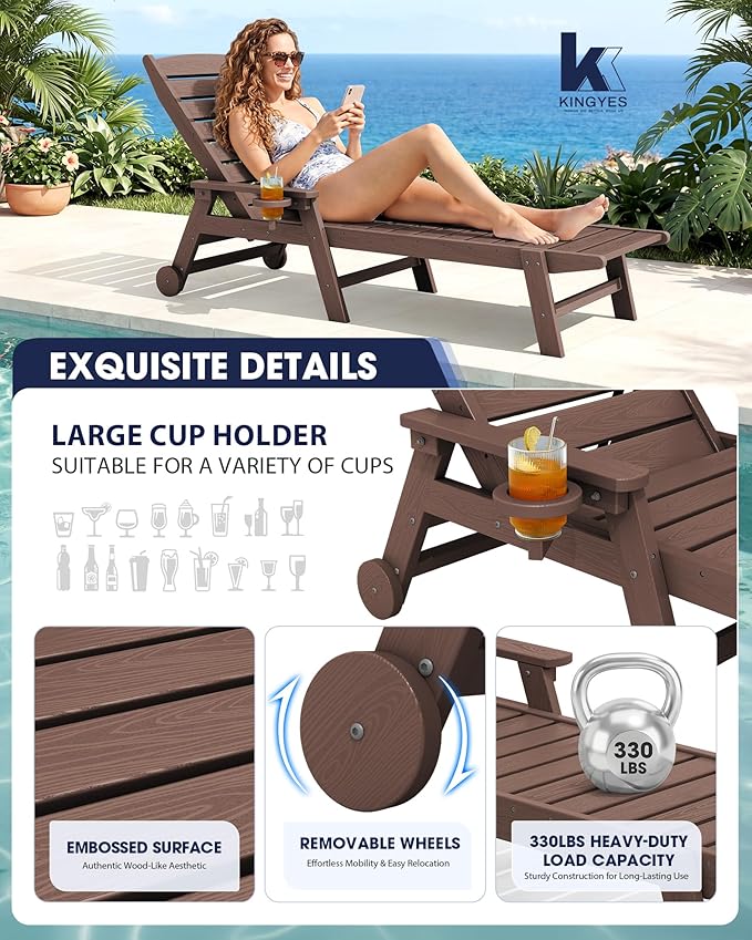 KINGYES HDPE Lounge Chair Outdoor Set of 2, Patio Chaise Lounge Recliner