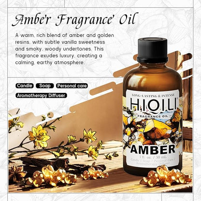 HIQILI Amber Fragrance Oil丨1 Fl Oz | for Perfume, Candle & Soap Making, Long Lasting Classic Scents for Essential Oil Diffuser & Aromatherapy