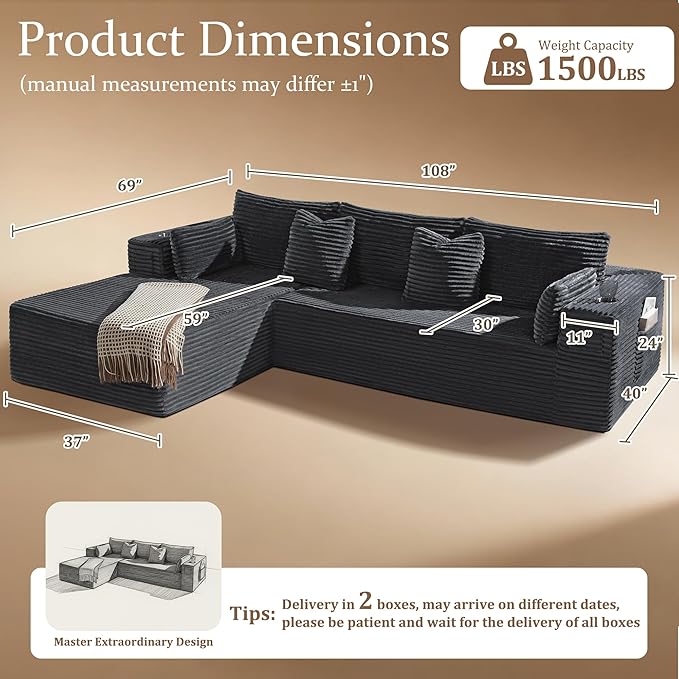 108" Oversized Cloud Sectional Couch, Comfort L Shaped Boneless Couch