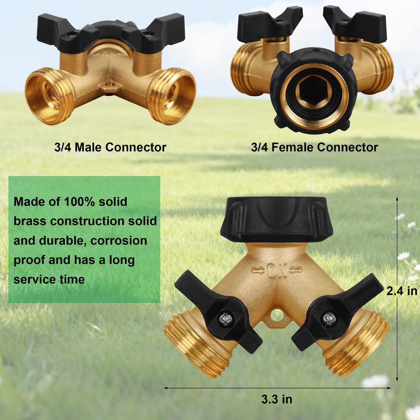 Biswing 2 Pack Garden Hose Splitter 2 Way, Heavy Duty Brass Connector Tap Splitter, Y Splitter 2 Valves with 4 Extra Rubber Washers