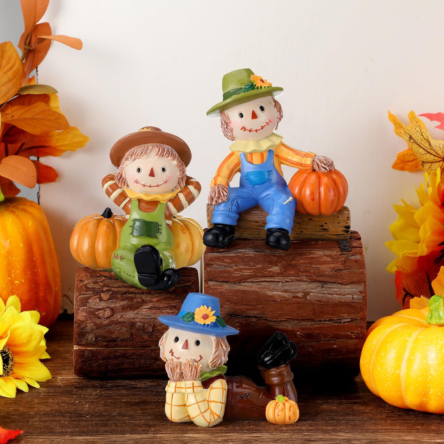 ShinyRelief 3 Pcs 3D Thanksgiving Scarecrows Table Decor Figurines with Pumpkin Fall Table Centerpiece Decor Autumn Harvest Resin Statue Gifts for Kitchen Home Office Tiered Tray Shelf Party Supplies