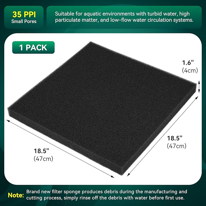 Borlech Aquarium Bio Filter Sponge Pad - Cut-to-Size Aquarium Filter Media for Fish Tank, Pond, Sump - Mechanical & Biological Filtration (18.5"x18.5"x1.6", 35PPI, 1 Pack)
