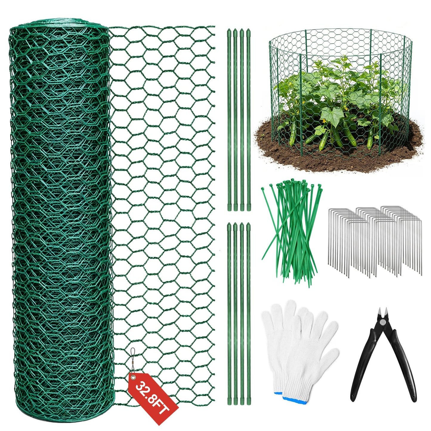 QURAS Plant Protectors from Animals, 32.8FT x 16IN Wire Plant Cage, 0.85mm Thick Vinyl Coated Garden Fence Kit with Stakes & Zip Ties, DIY Plant Guard for Rabbits, Squirrels, Deer, Vegetable Garden