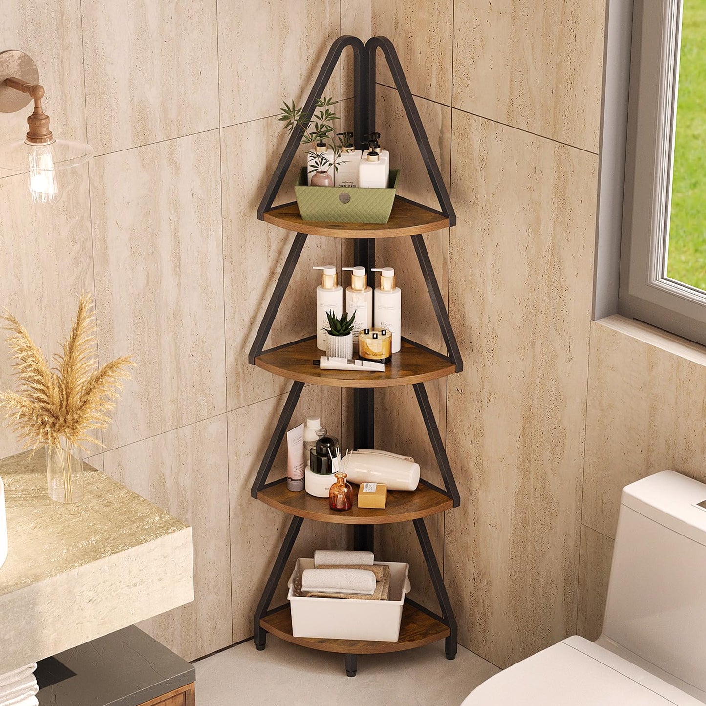 Espelism 4-Tier Corner Shelf Stand, 53.1” Tall Industrial Standing Display Shelf Storage Rack,Narrow Plant Stand,Tree Design Corner Bookshelf for Living Room, Bedroom, Office (Brown, 4-Tier)