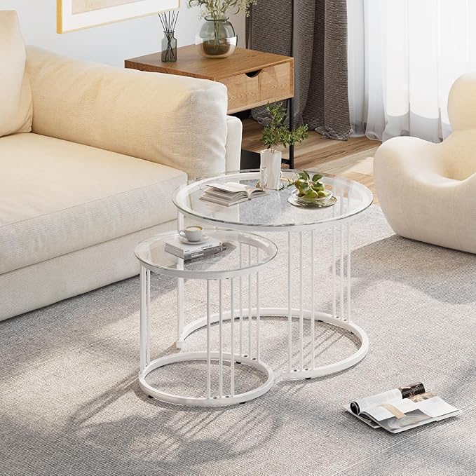 Garden 4 you Nesting Coffee Table, 23.6" Round Coffee Table Set of 2, Glass