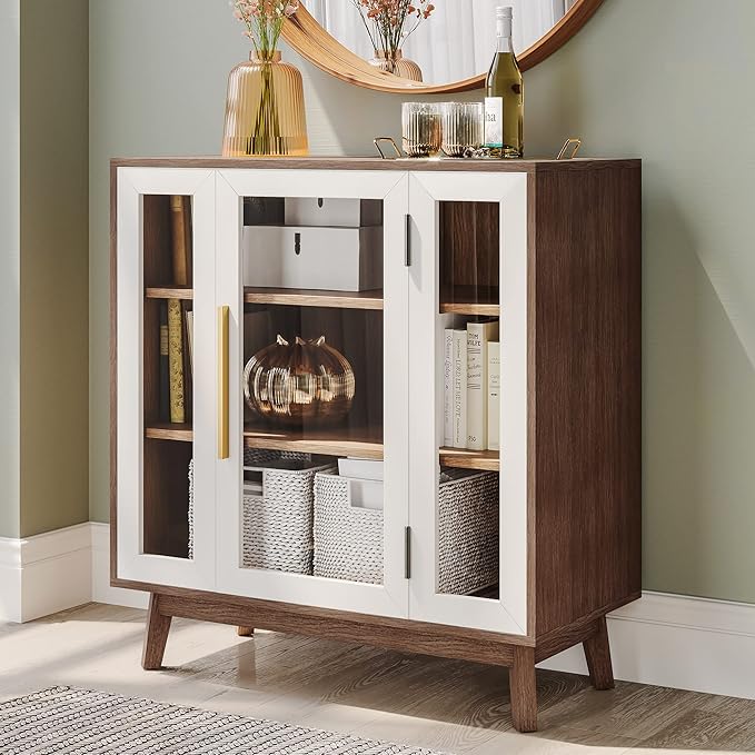 BELLEZE 31" Modern Display Curio Cabinet, 3-Tier White Storage Buffet