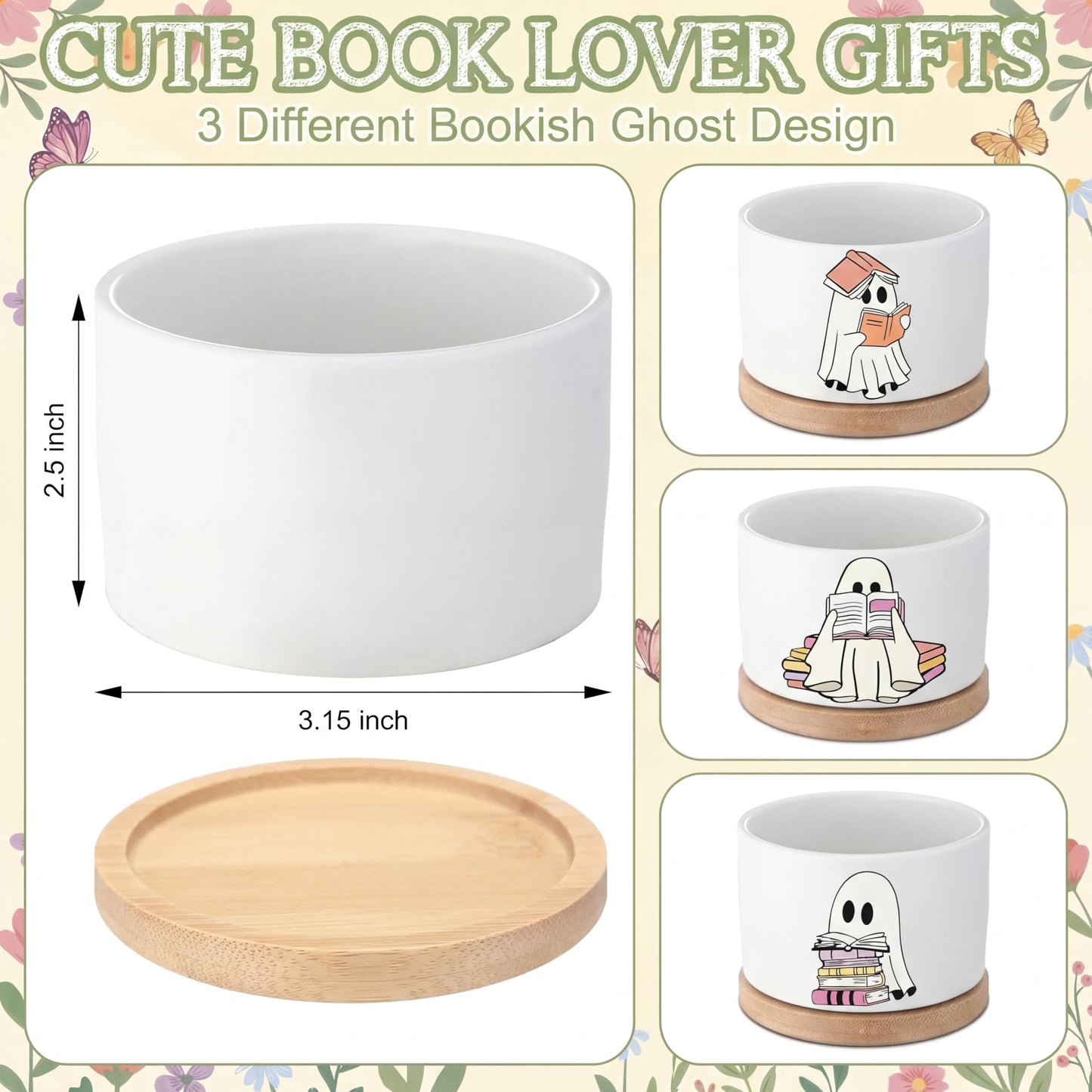 Mimorou 3 Pcs Book Lover Gifts, Cute Ghost Reading Succulent Planters with Bamboo Trays, Small Ceramic Plant Pots for Indoor Plants, Bookish Gifts for Readers, Teachers, Book Lover Desk Decor