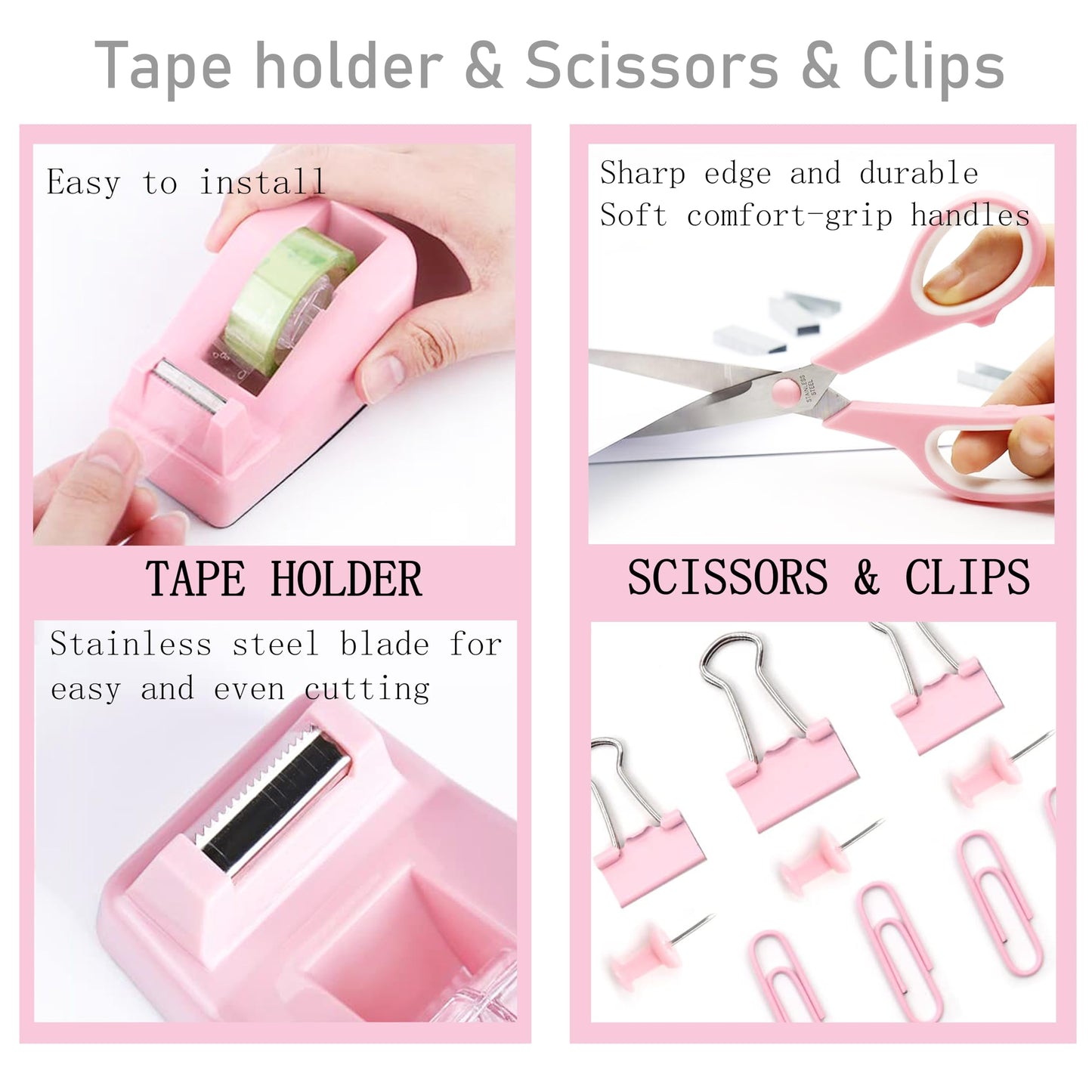 Pink Desk Accessories, Pink Office Supplies Accessories with Tape Dispenser, Stapler, Staple Remover, 1000 Staples, Tape, Clips Set, Ruler, Scissor, Pen