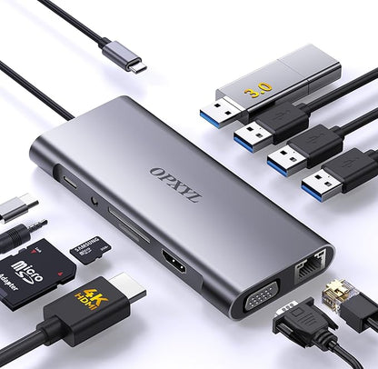 OPXYL 11-in-1 USB C Hub Multiport Adapter, USB C Docking Station with 4K HDMI, VGA 1080P, 100W PD, Ethernet, SD/TF, Audio, USB 3.0 Port, Laptop Dock for MacBook Pro/Air, iPad, Windows
