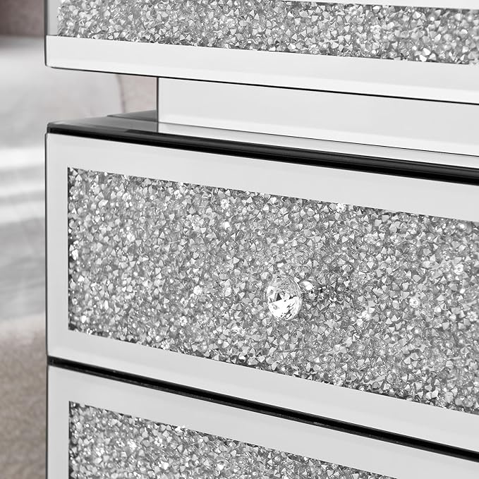 Modern Glam Glass Mirror Nightstand, 3-Drawer Luxury Mirrored Accent Table