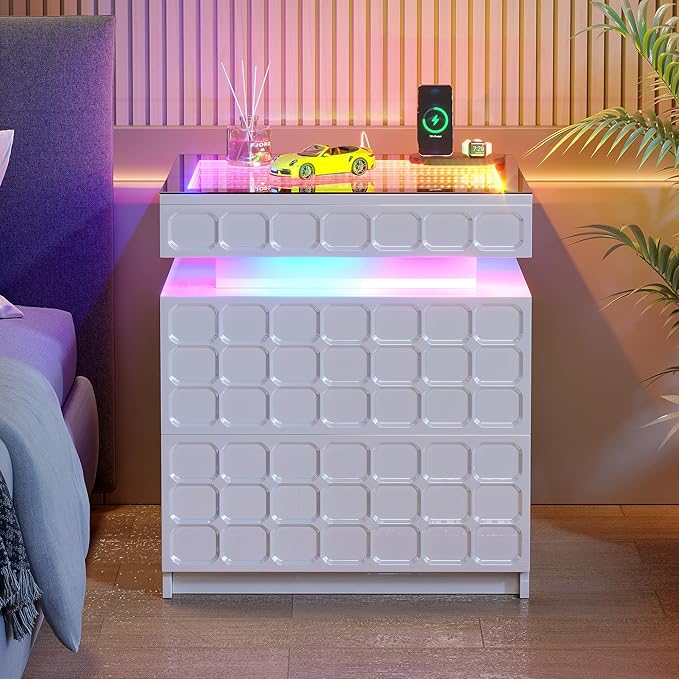 Night Stand with Charging Station and Smart RGB Lights, LED Nightstand with