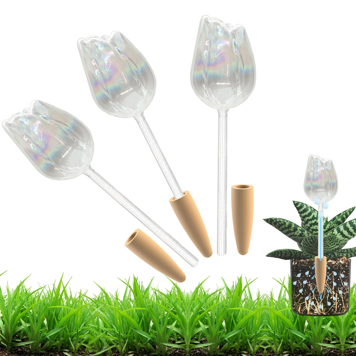 HyJeryty Non-Clogging Iridescent 3 Pack Tulip Plant Watering Globes with Terracotta Spikes, Hand Blown Glass Self Watering Planter Insert Plant Watering Devices Bulbs for Indoor and Outdoor Plants