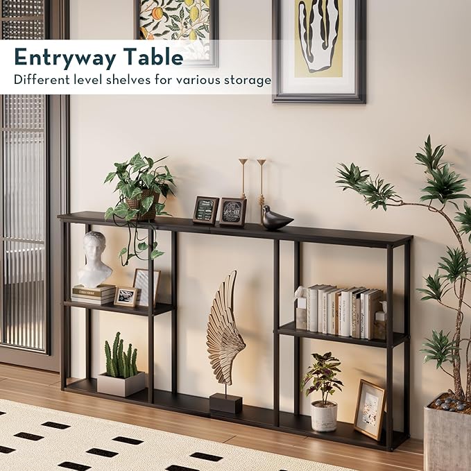 WOHOMO Black Console Table, 3-Tier Small Entryway Table, Long Sofa Table