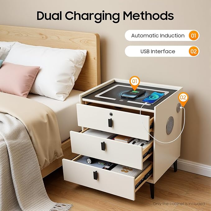 Smart Nightstand with Wireless Charging & Fingerprint Lock, 3-Drawer Bluetooth