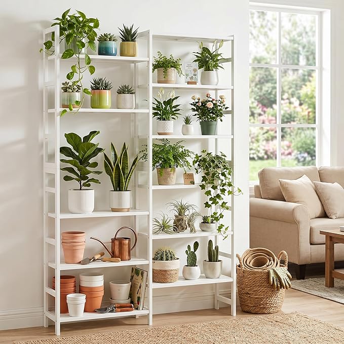 Homykic Double Wide Bamboo Bookshelf White, 6-Tier Large Open Bookcase