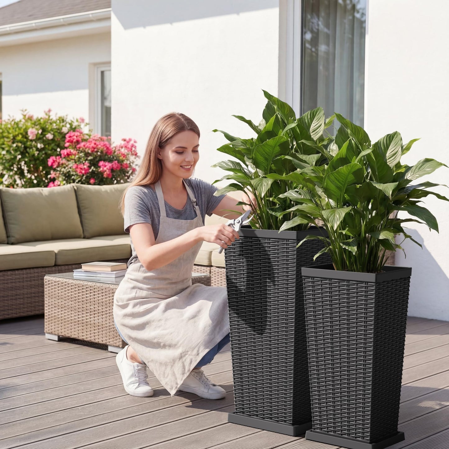 JUMMICO Set of 2 Resin Widened Tapered Planters, Rattan Texture Planters with Drainage Holes and Trays, Outdoor Flowers Pots for Plants, Porch & Patio Decor (Black, 24'' H, Inner & Outer Trays)