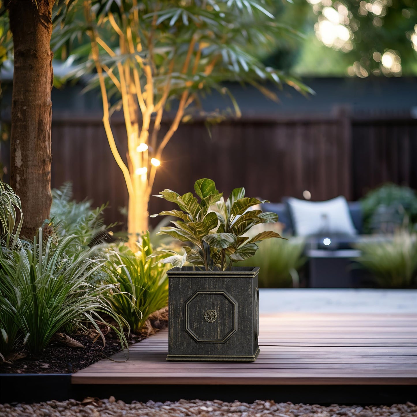 Kante Square Lion Head Concrete Planter, Classic English Style Plant Pot with Drainage Hole and Rubber Plug for Indoor Outdoor Garden Patio Home, 12.6"x12.6"x12.6" Oil Rubbed Bronze