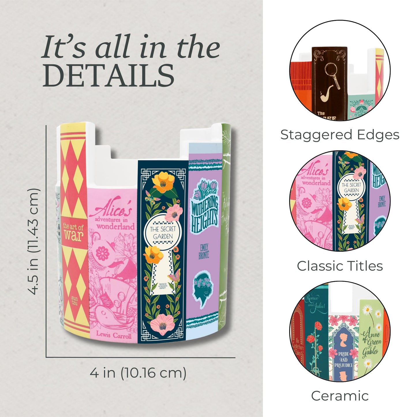 Steel Mill & Co Ceramic Desk Pot for Office/Shelf/Bedroom, Bookish Pen Holder or Small Plant Vase with Classic Literary Book Spine Design, Classic Books
