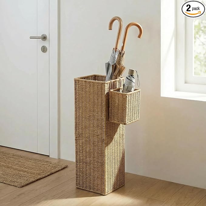Rattan Umbrella Stand with Drip Tray, 22.5''H Umbrella Holder with Small Basket for Entryway, Tall Wicker Basket for Storage, Woven Organizer for Inoor, Outdoor, Home, Office, Hotel