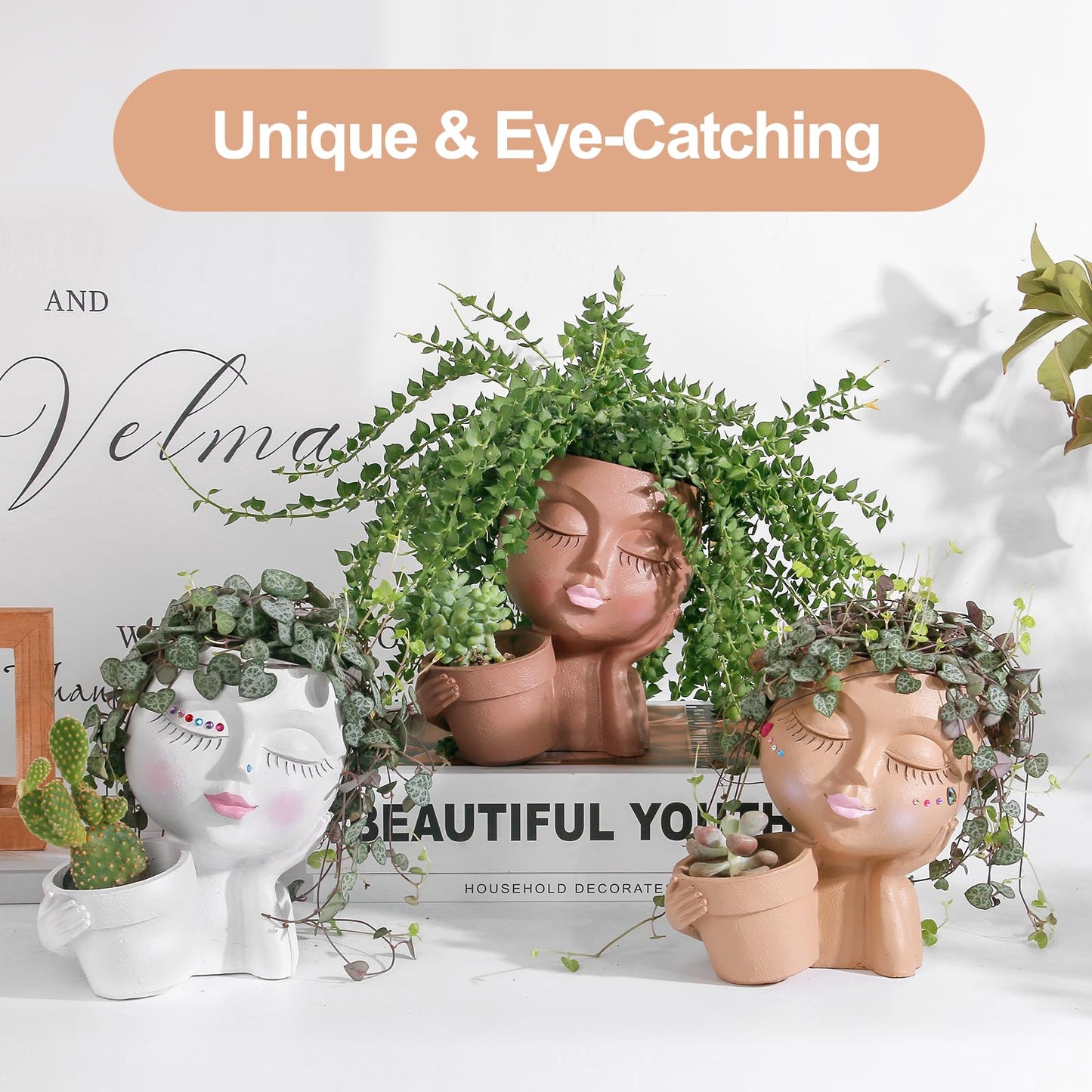vomiceak Face Planter Pots Head Planters for Indoor Outdoor Plants - Double Plant Pots for Flower Succulent with Drainage Holes - Gift Ideas for Mother (Black Lady)