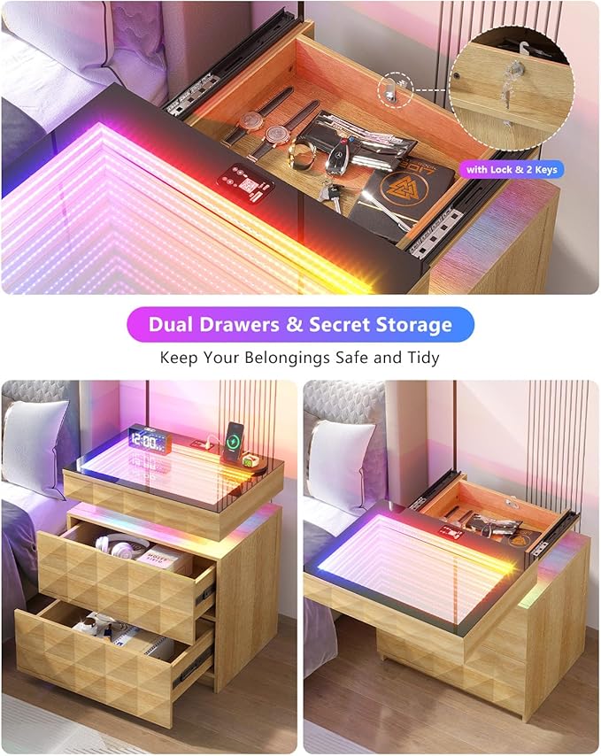 HWB Nightstand with RGB Lights, 3 Drawers Night Stand with Hidden Storage