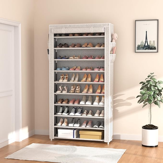 ROJASOP 10 Tier Shoe Rack with Covers Large Capacity Stackable Tall Shoe Shelf
