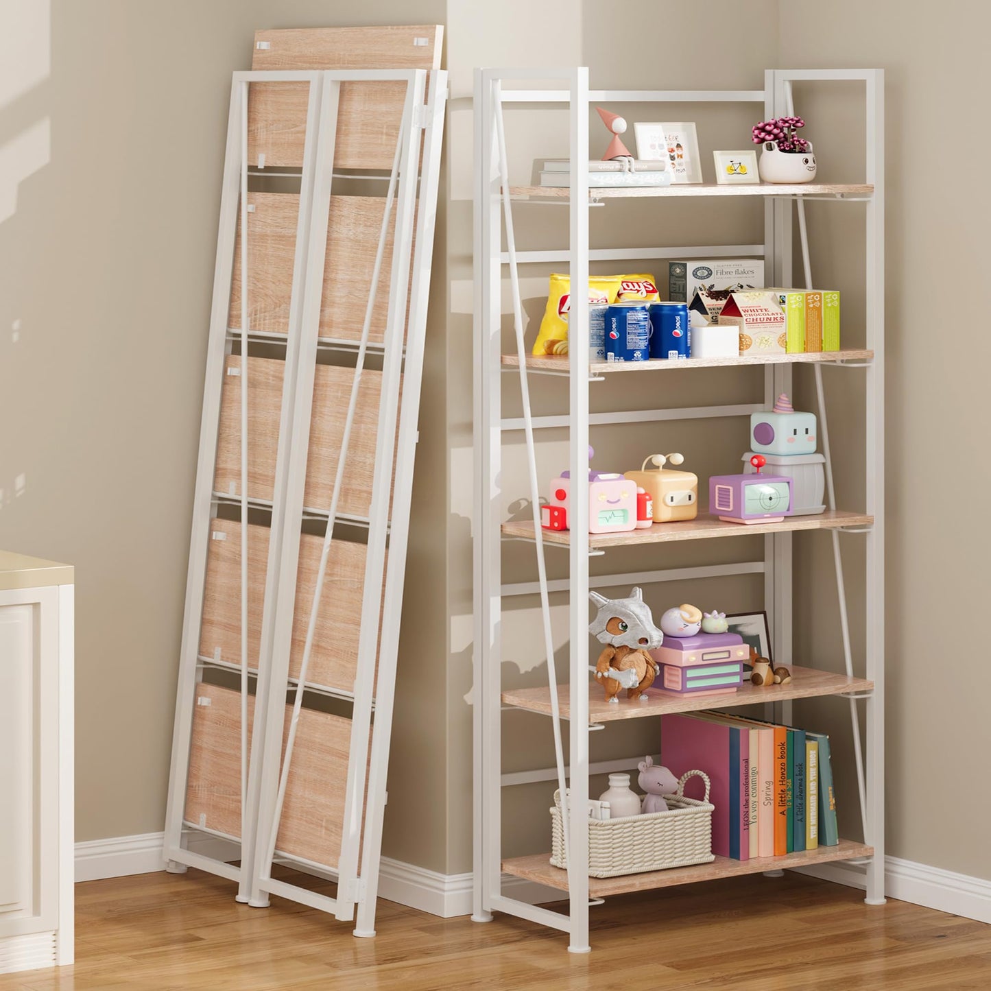 BHG Vintage Multifunctional Folding Bookshelf, No-Assembly Plant Stand Storage Rack Shelves for Home Office (White, 5-Tier)