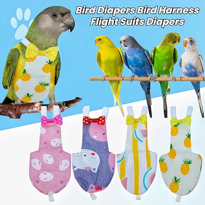 2Pcs Bird Diapers Bird Harness Flight Suits Diapers with 80 Inch Flying Leash Parrot Nappy Washable Cute Urine Wet Suit for Cockatiel Conure Macaw Budgies Parakeet-Rabbit&Watermelon,M