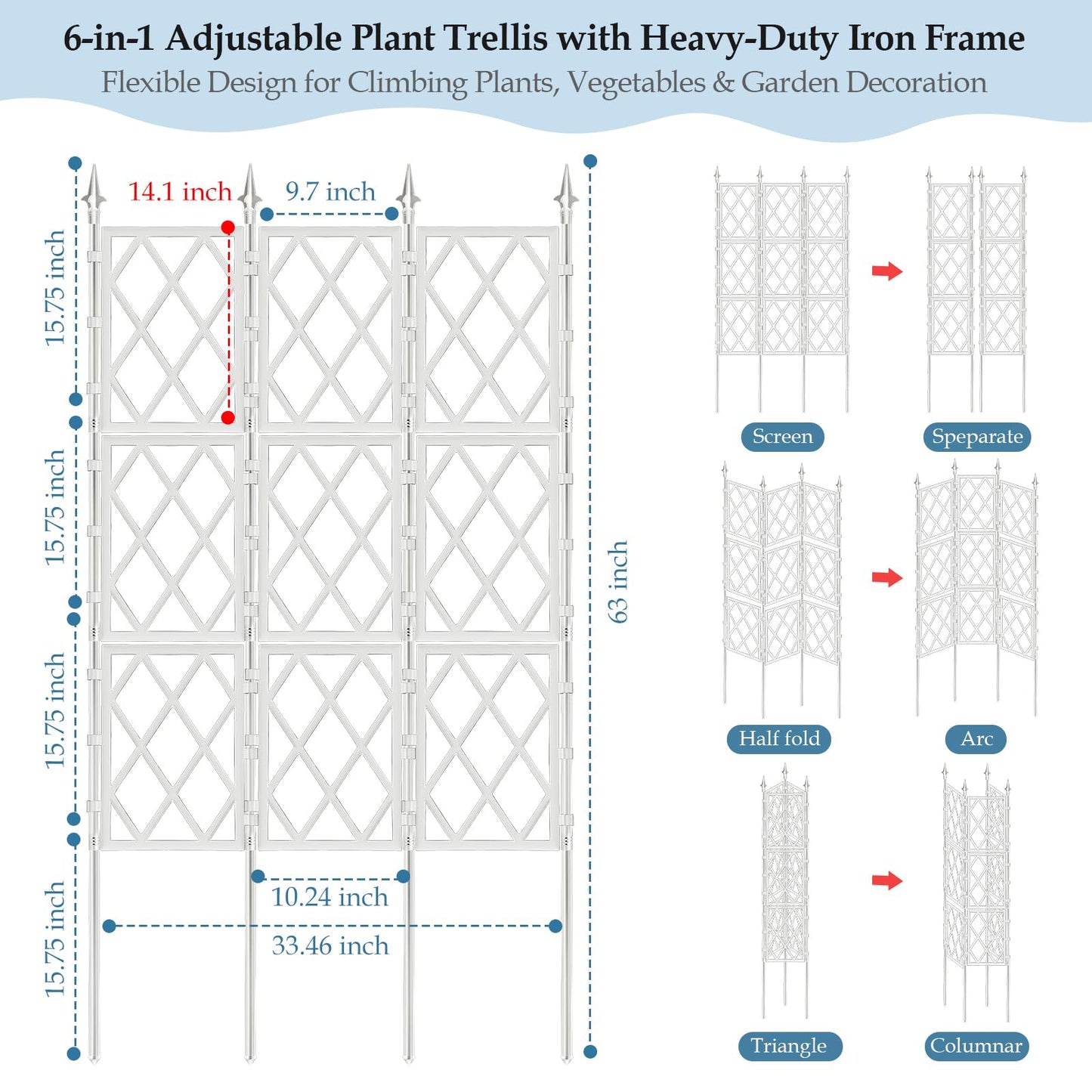 DEVISEFUN 5.25FT Garden Trellis for Climbing Plants Outdoor, White Iron Pipe Support Fence, Metal Wall Trellis Climbing Frame, Trellis for Potted Plants Indoor for Ivy Vines Vegetable Flower