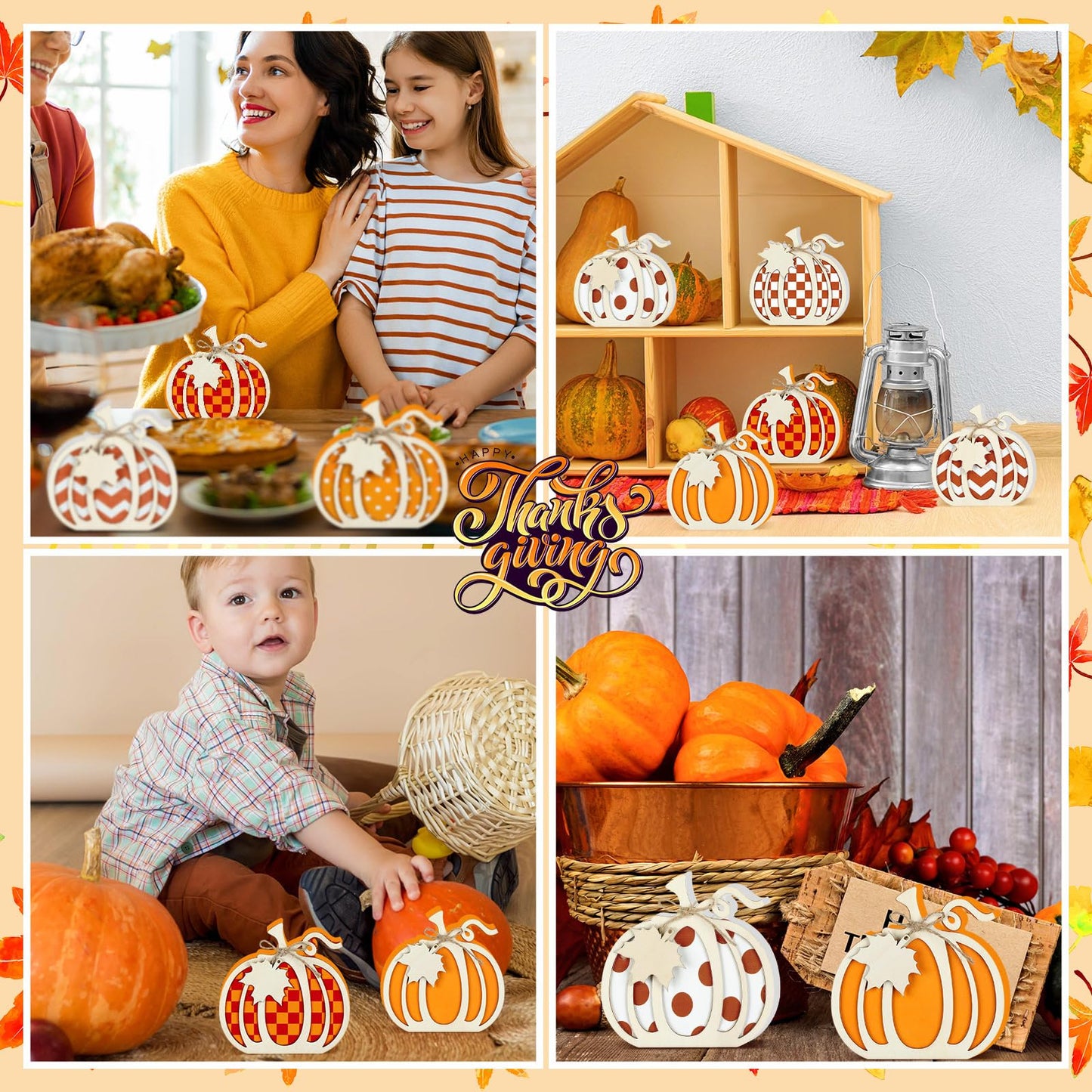 6 Pcs 3D Pumpkin Tabletop Signs Fall Wooden Pumpkin Signs Thanksgiving Harvest Pumpkin Table Block Fall Plaid Wood Standups Fall Thanksgiving Tiered Tray Decorations Pumpkin Centerpieces for Home
