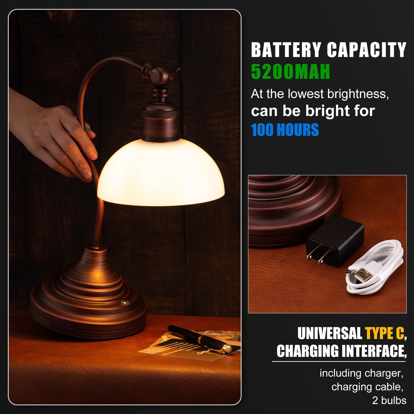 Anxingtools Cordless LED Table Lamp, Rechargeable, 3-Level Dimming, USB-C Charging, 180? Swivel Head, Oil Rubbed Bronze-White Glass