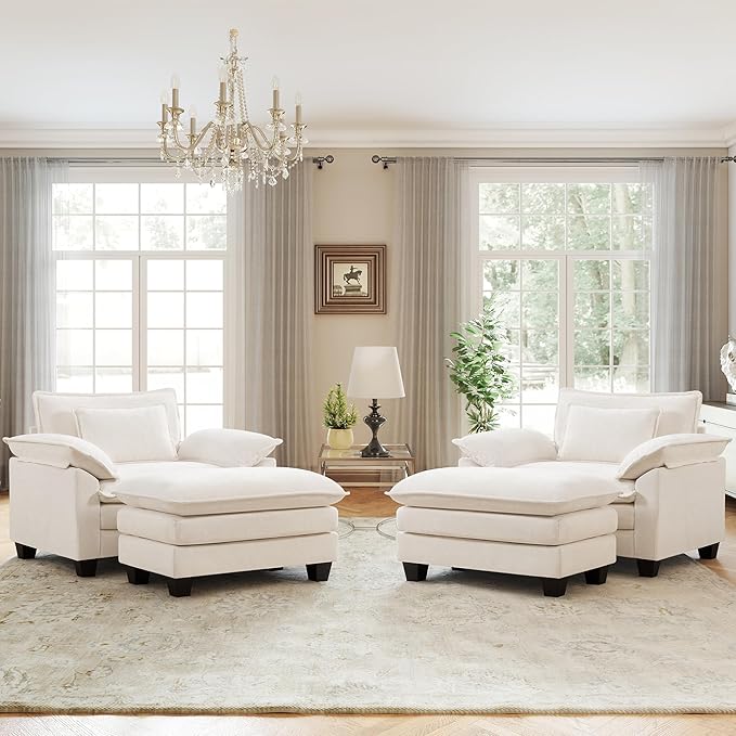 Oversized Accent Chair with Ottoman Set of 2, Upholstered Armchair with Extra