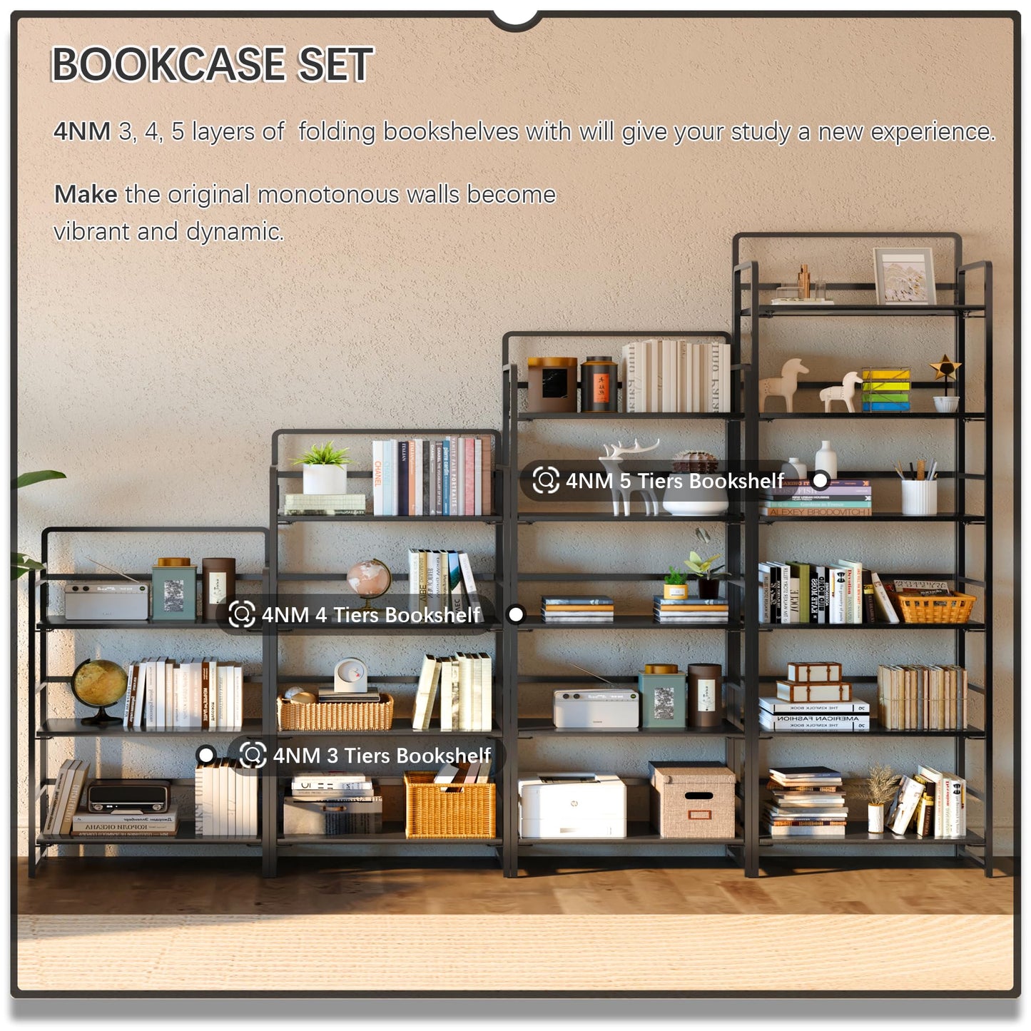 4NM No Assembly 6 Tiers Folding Bookshelf Storage Shelves Vintage Bookcase Standing Racks Study Organizer Home Office (All Black)