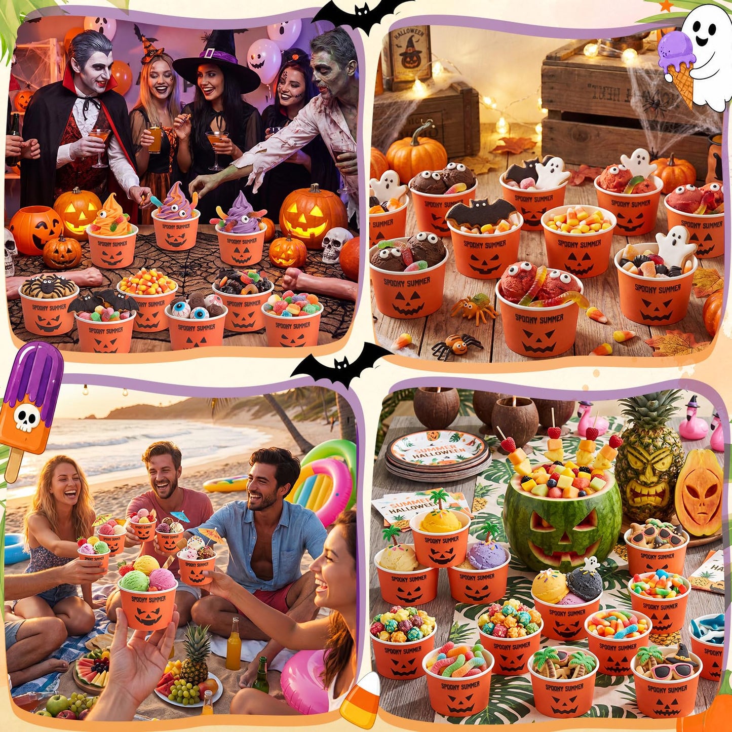 Jingmore 50 Count Summer Halloween Ice Cream Paper Cups Ghost Face Disposable Dessert Bowls Summer Halloween Cute Jack-o-lantern Treat Orange Cups for Hawaii Beach Party Supplies Sundae Yogurt Soup