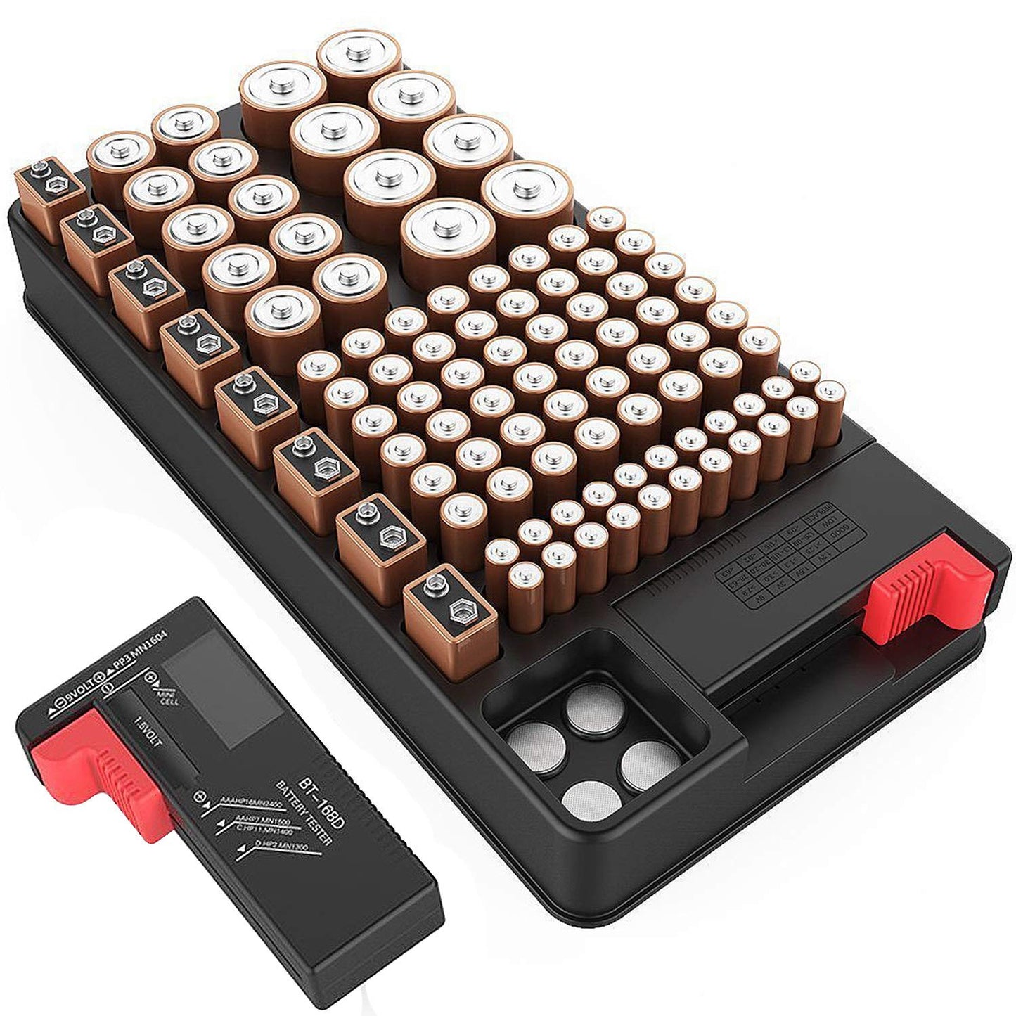 Battery Organizer Storage case with Battery Tester for AAA AA C D 9V and Button Batteries Storage Box Holds 110 Batteries Various Sizes with Removable Digital Battery Tester