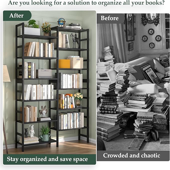 Homykic Double Wide Bamboo Bookshelf Black, 6-Tier Large Open Bookcase